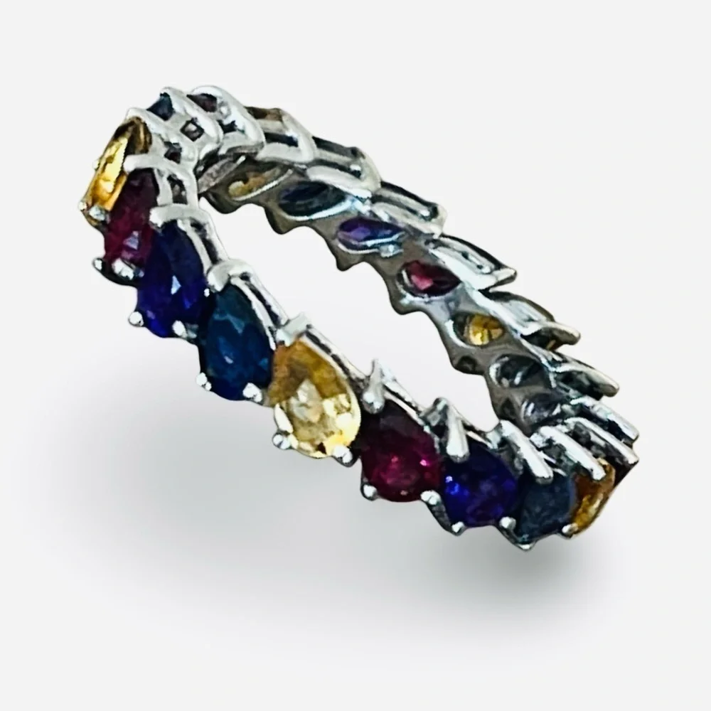 Sterling Silver Multi-Colored Pear-Shaped Stone Eternity Band Size 8